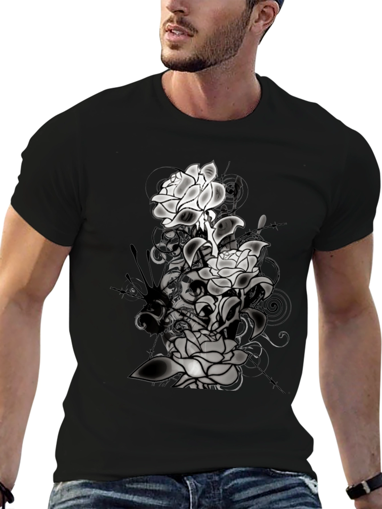 Black Floral Graphic T-Shirt - Men's Black Tee view 6