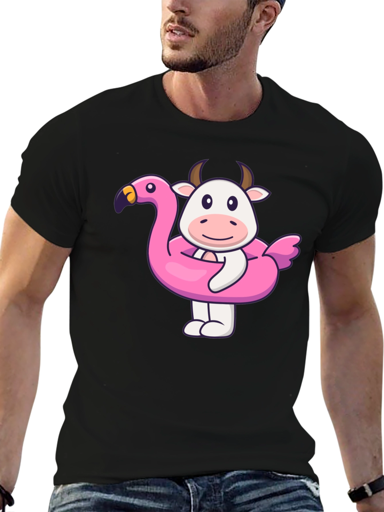 Black Funny Cow Flamingo Pool Float Black T-Shirt view 6