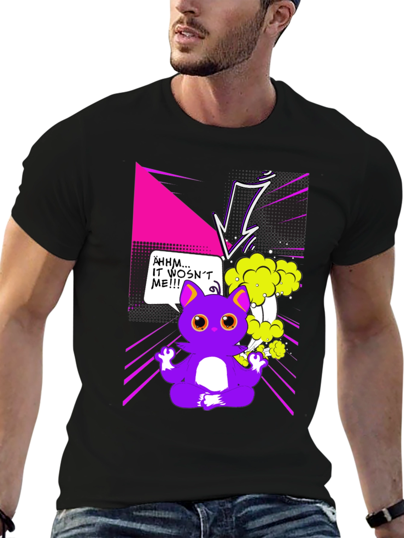 Black Funny Cartoon Cat Graphic T-Shirt view 6