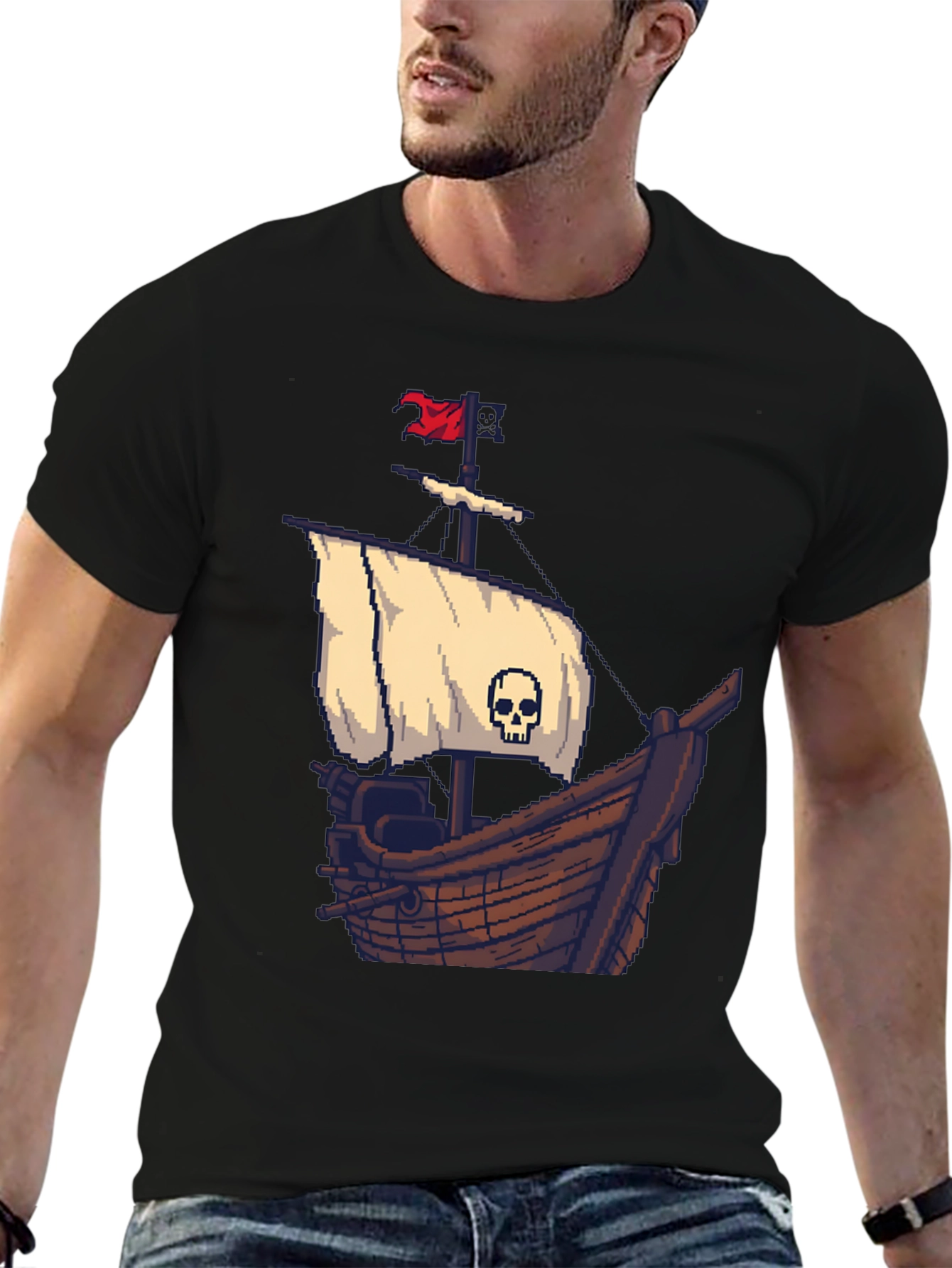 Pirate Ship Pixel Art Black T-Shirt - 6
