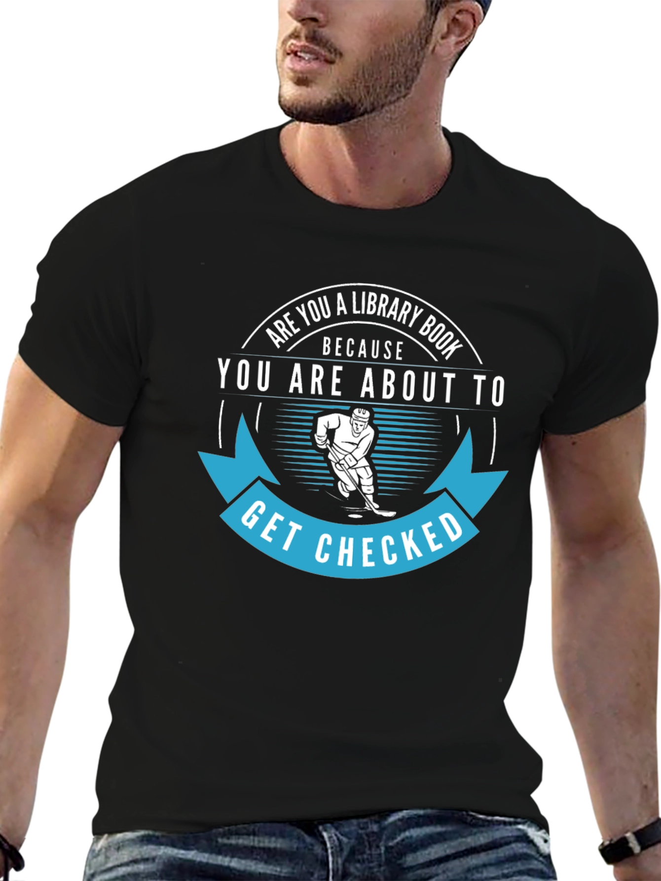 Black Funny Hockey T-Shirt: Library Book, Get Checked view 6