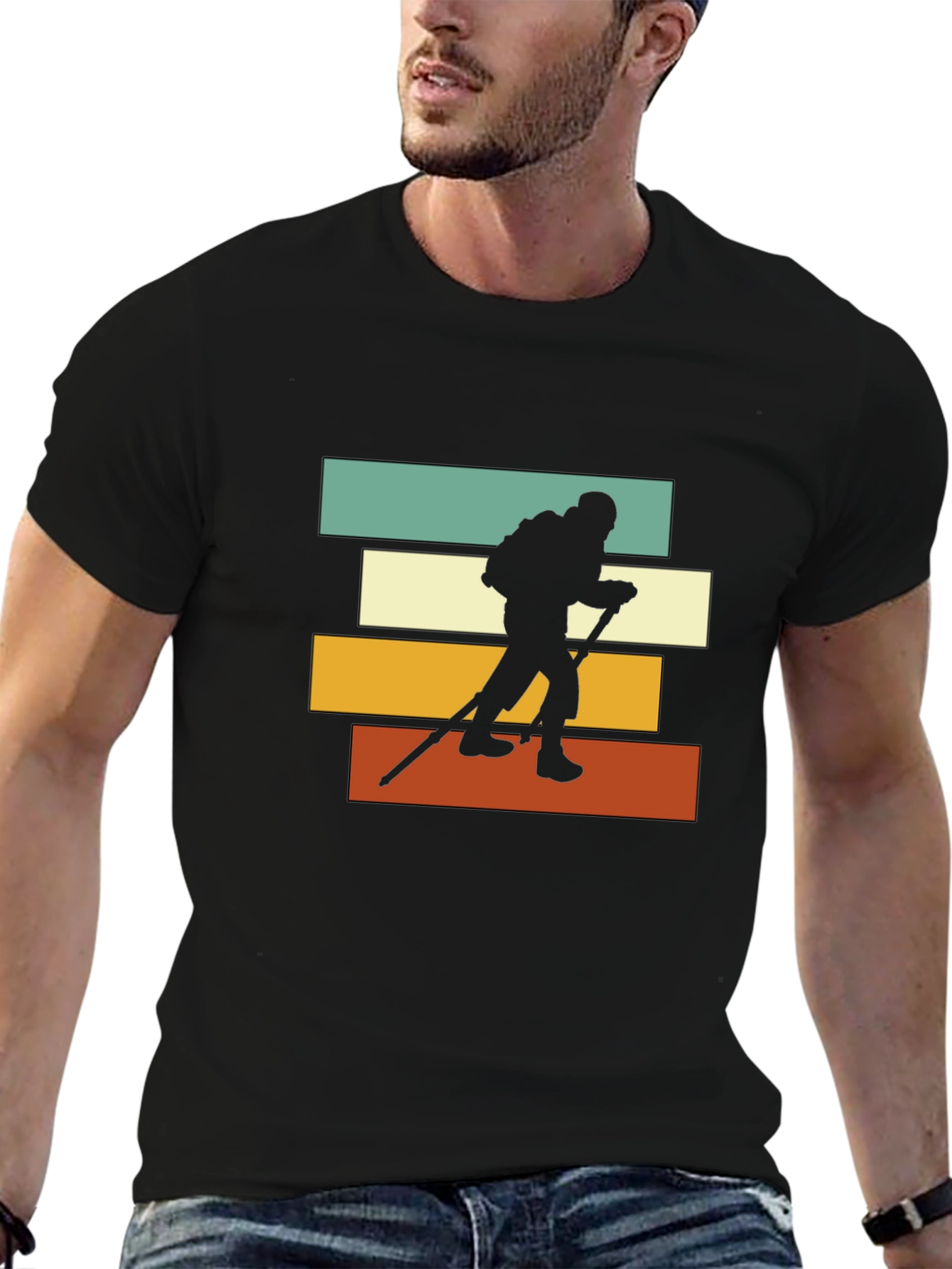 Black Hiking Silhouette Retro Striped T-Shirt view 6