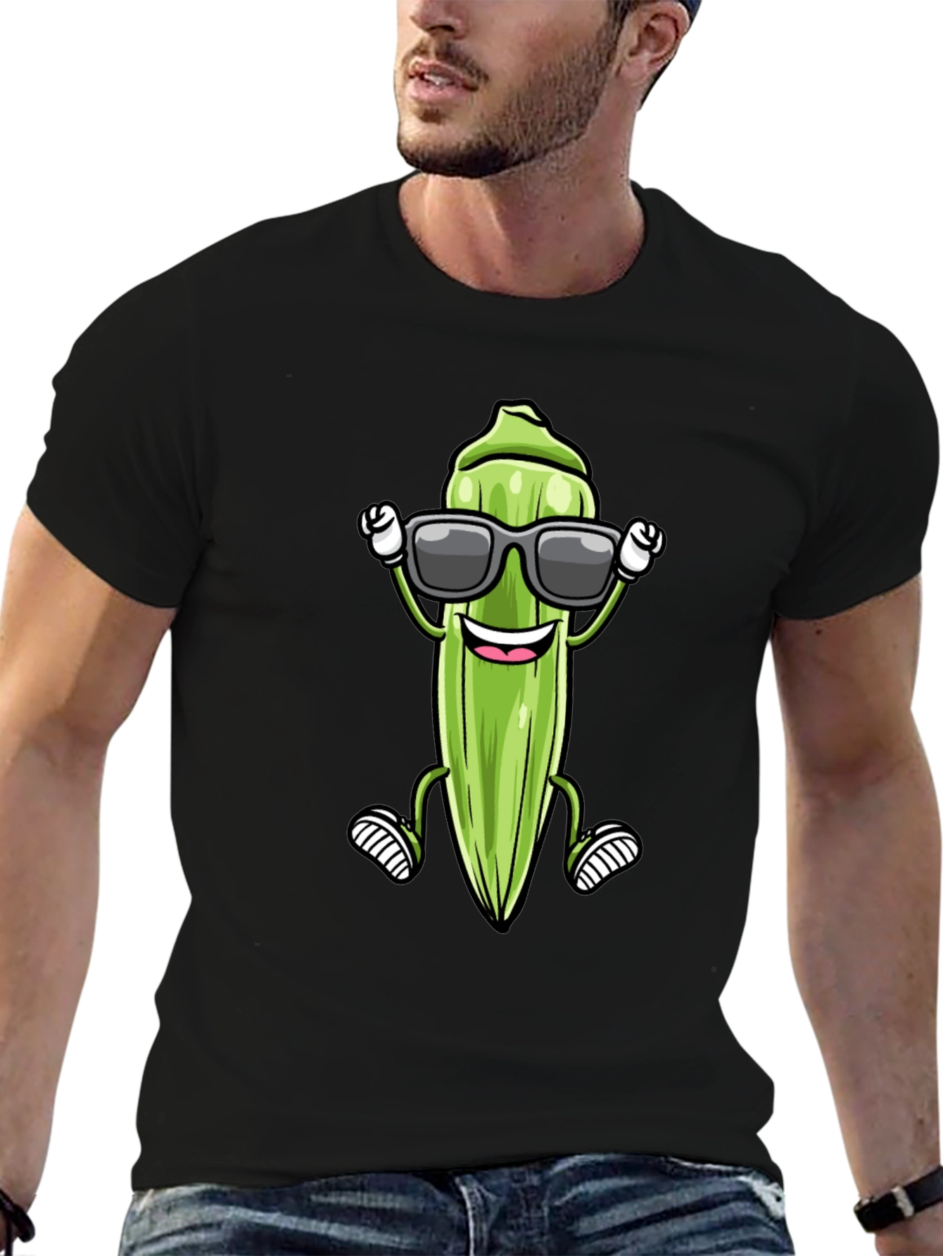 Black Cool Okra Cartoon T-Shirt view 6