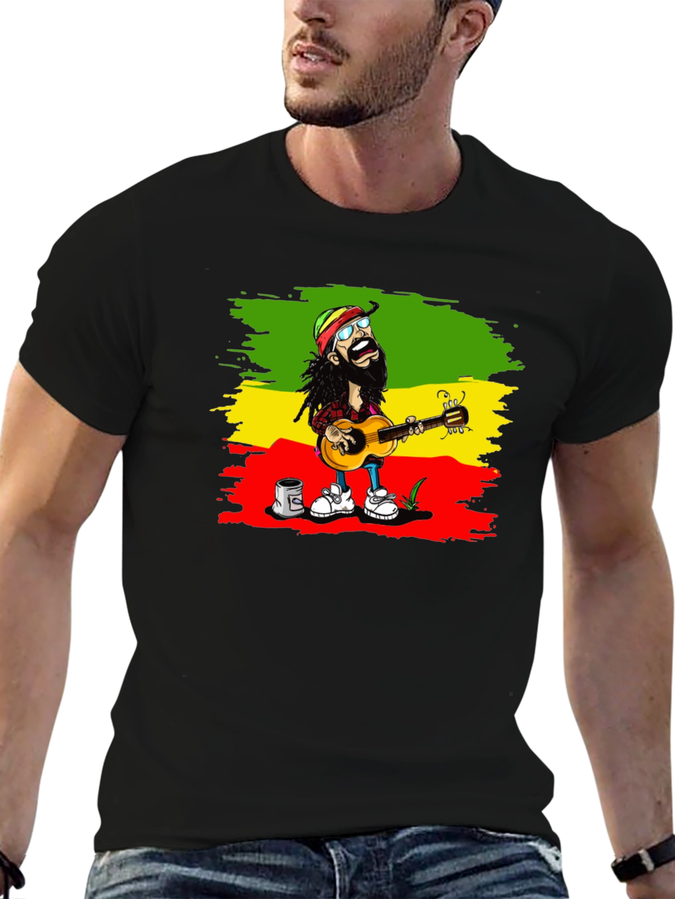 Black Rasta Cartoon Guitarist T-Shirt view 6