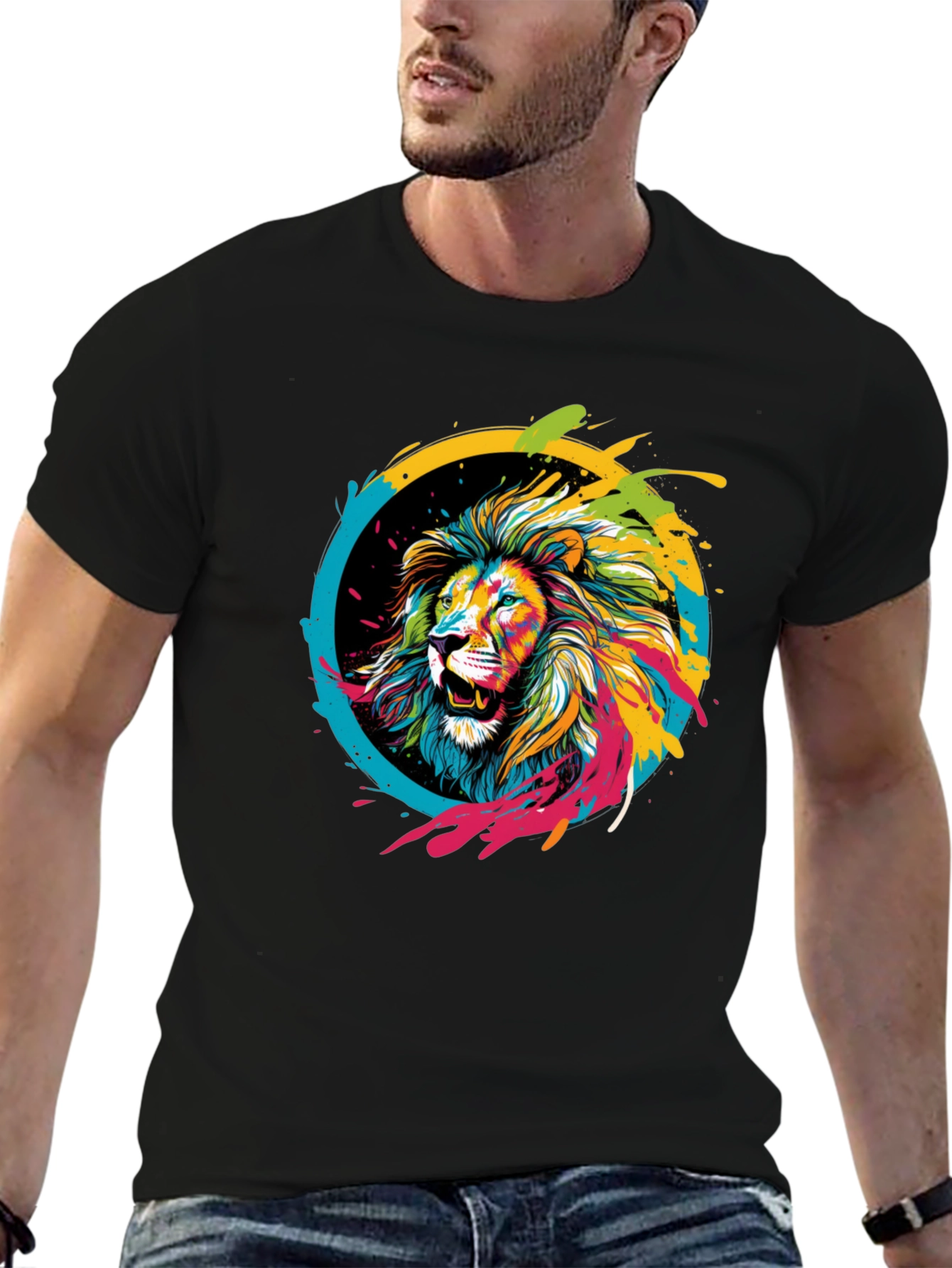 Black Lion Art T-Shirt - Colorful Graphic Tee view 6