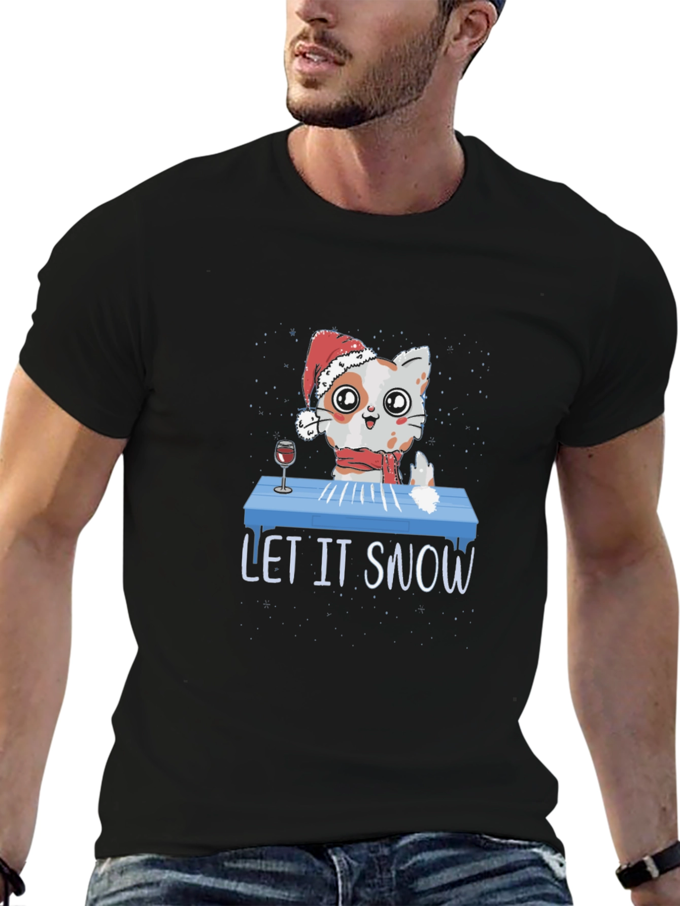 Black Let It Snow Funny Christmas Cat T-Shirt view 6
