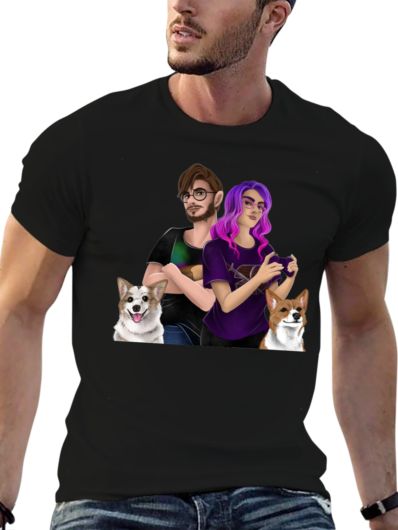 Custom Cartoon Couple & Dogs T-Shirt - 6