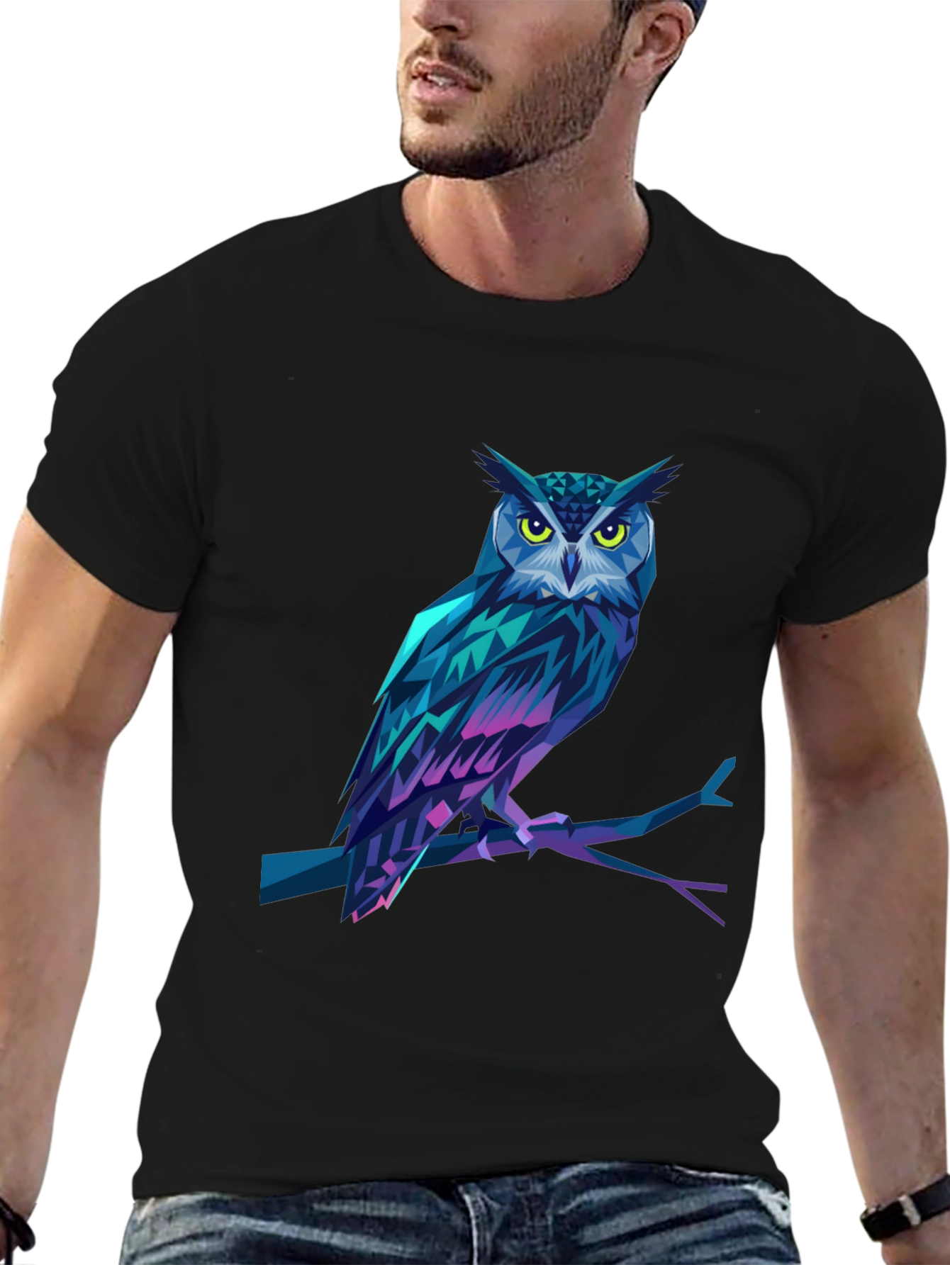 Black Geometric Owl Graphic Print Black T-Shirt view 6