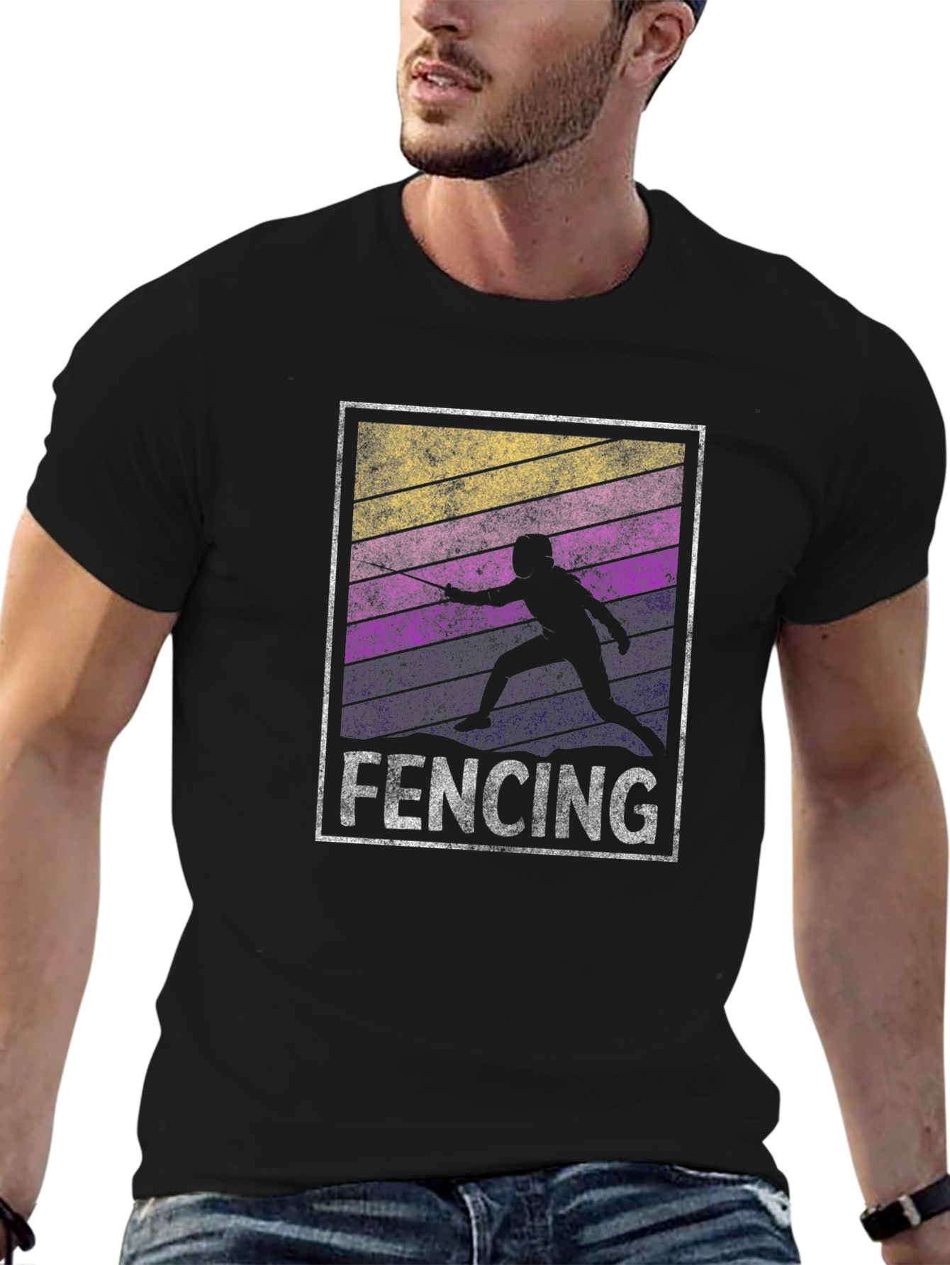 Black Fencing Silhouette T-Shirt - Retro Style view 6