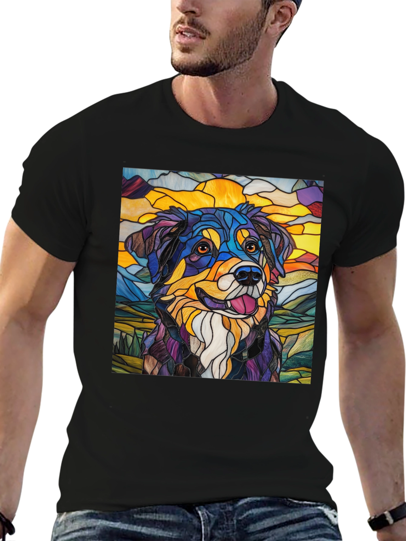 Black Stained Glass Dog Art Tee view 6