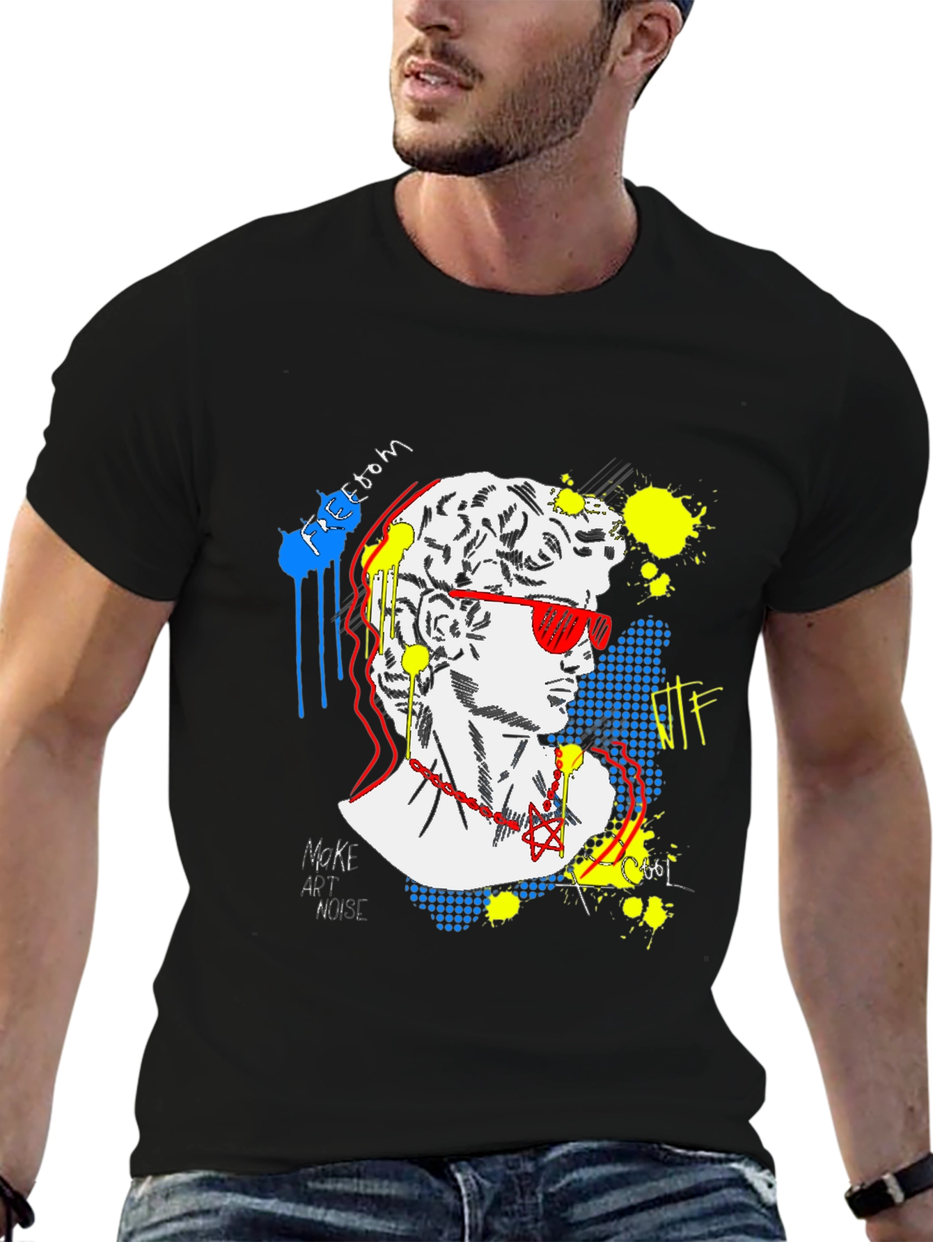 Black Pop Art David Graphic Tee - Unisex Black T-Shirt view 6