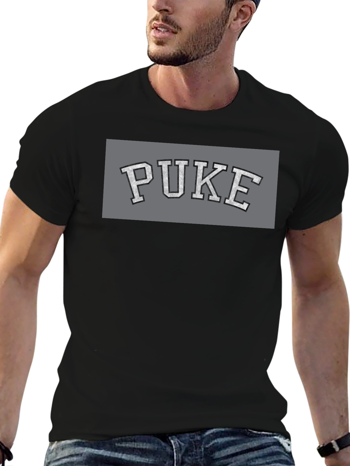 Black PUKE Graphic Tee - Collegiate Style Black T-Shirt view 6