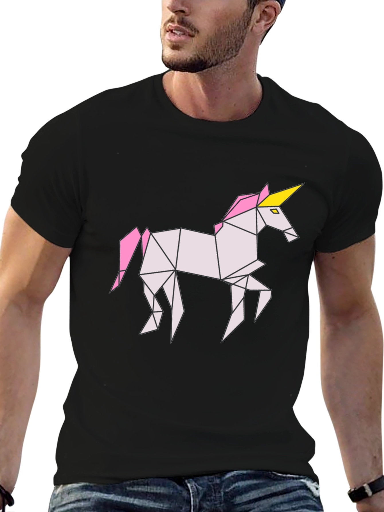 Black Geometric Unicorn Graphic Tee - Black Cotton Shirt view 6