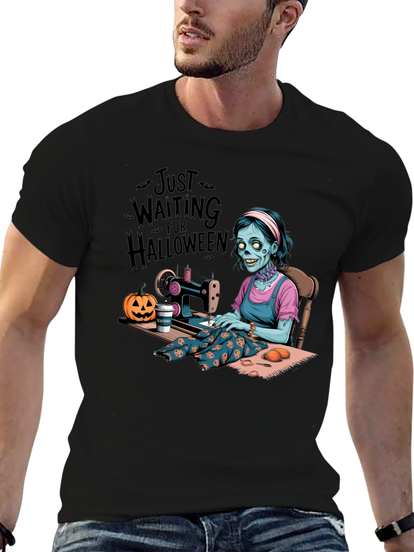 Black Zombie Halloween Seamstress T-Shirt view 6