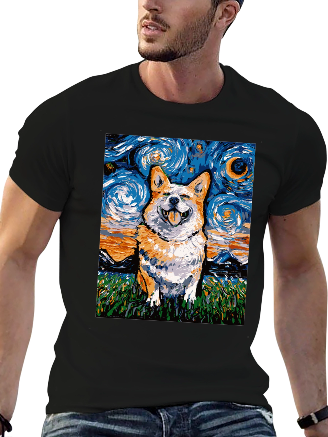 Black Starry Night Corgi T-Shirt - Artistic Dog Lover Tee view 6