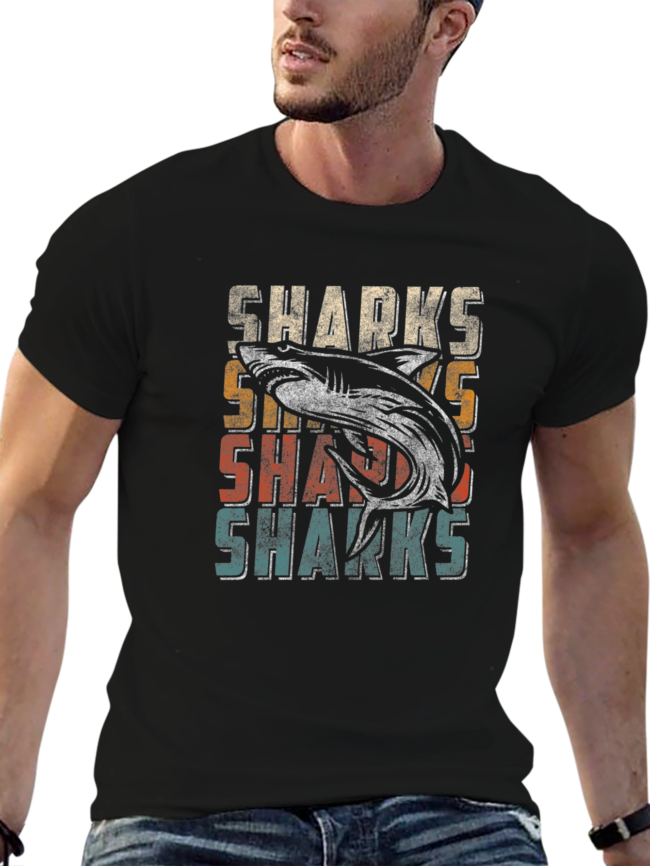 Black Vintage Sharks Graphic Men's T-Shirt - Black view 6