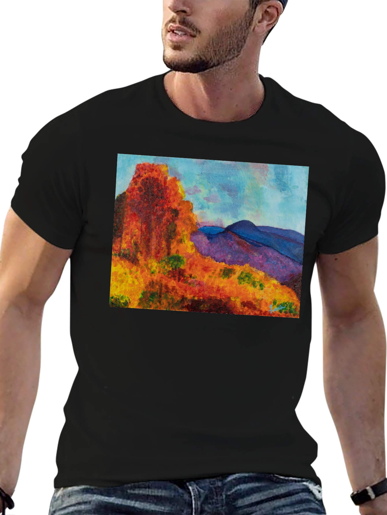 Black Scenic Mountain Print Black T-Shirt view 6