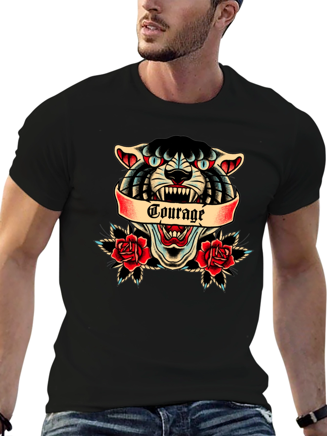 Courage Tattoo Style Graphic Tee - Men's Black Cotton T-Shirt - 6