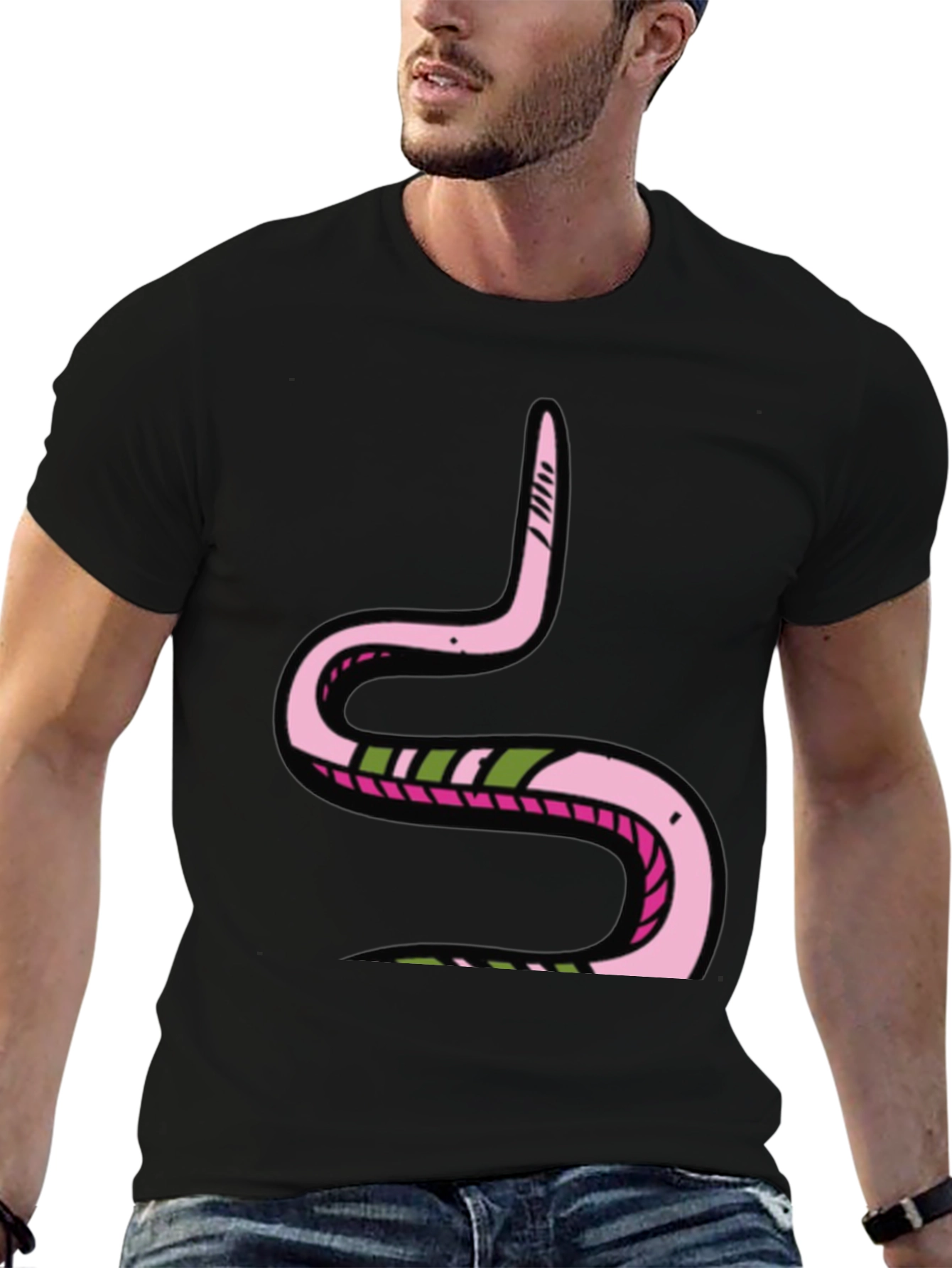 Black Pink Snake Graphic Black Tee - Fun Cartoon Style view 6