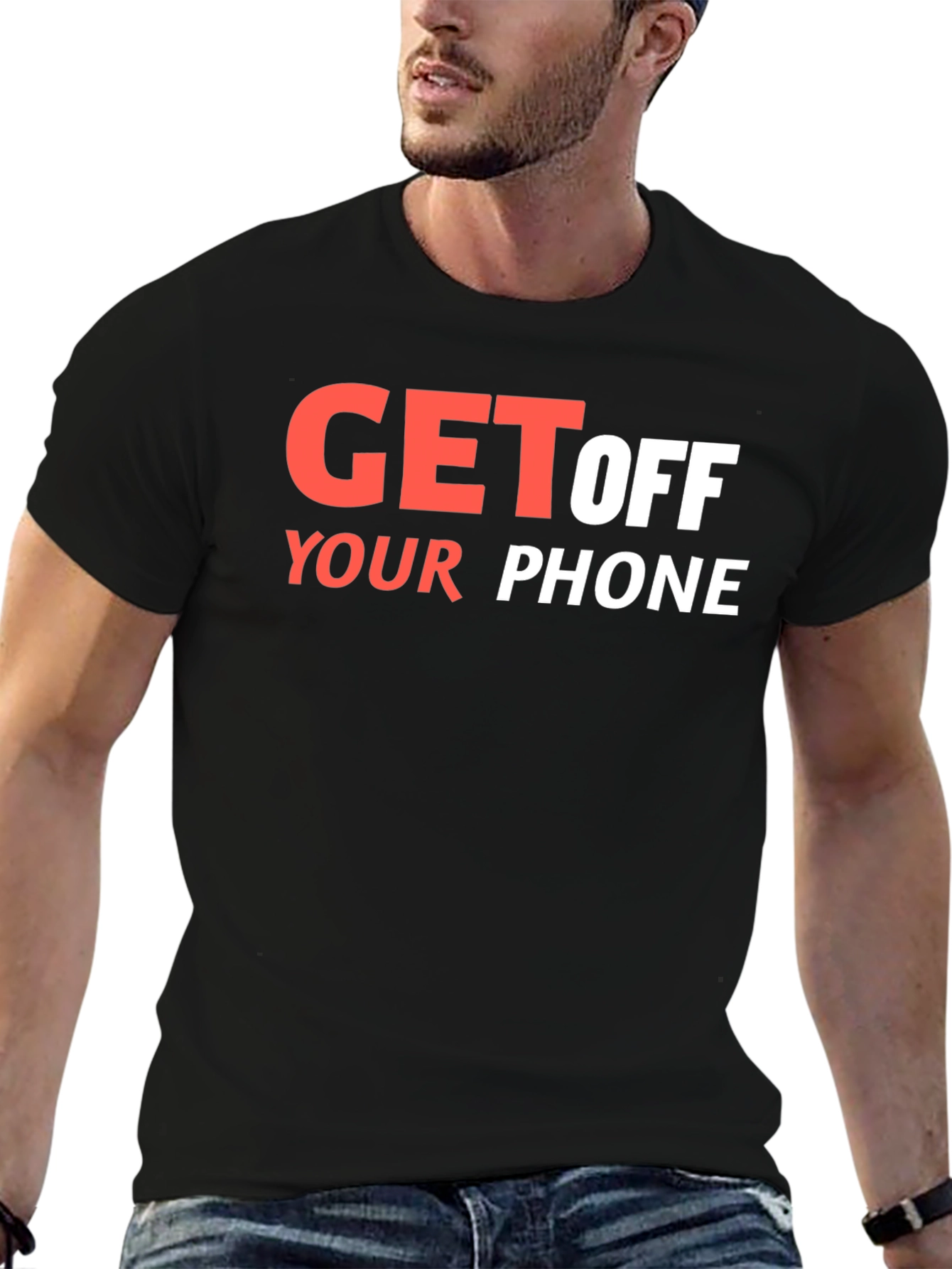 Black Get Off Your Phone Graphic Tee - Black Cotton Blend view 6