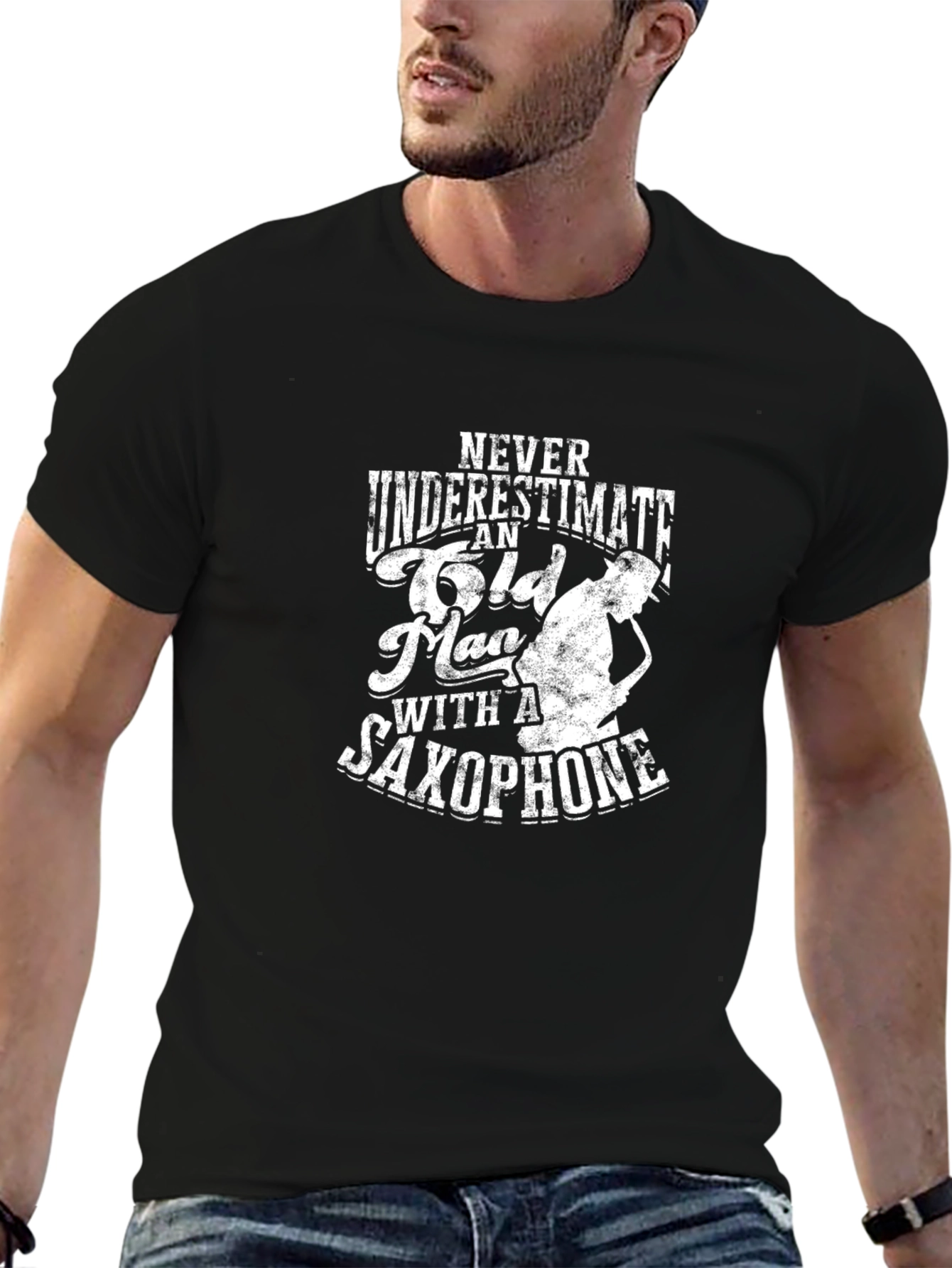 Black Saxophone Old Man Graphic Tee - Black view 6