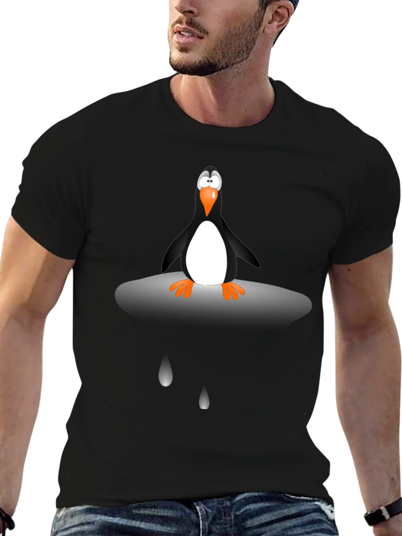 Black Penguin Cartoon Graphic Tee - Unisex Black T-Shirt view 6