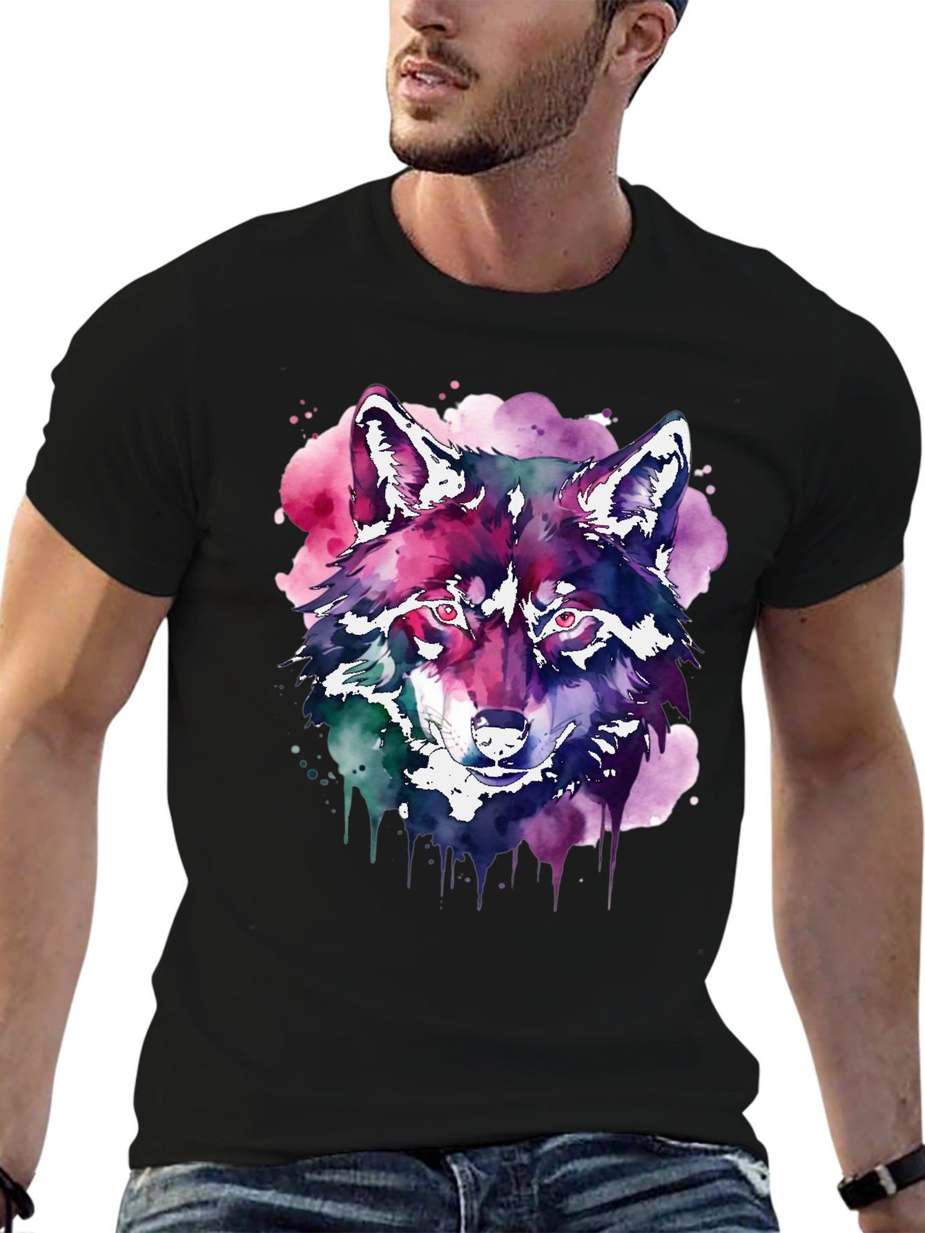 Black Watercolor Wolf Graphic T-Shirt - Black view 6