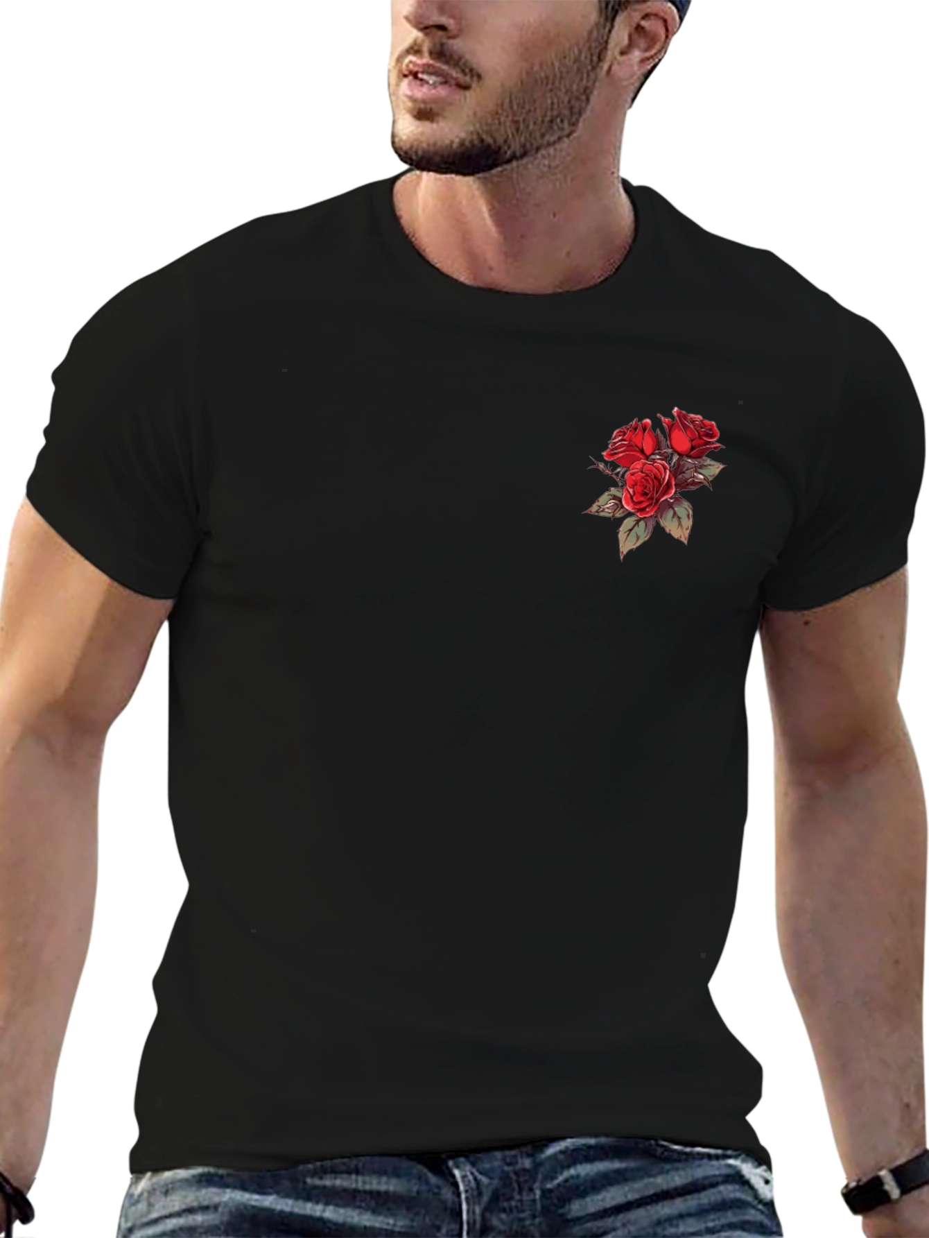 Black Black T-Shirt with Rose Bouquet Design view 6