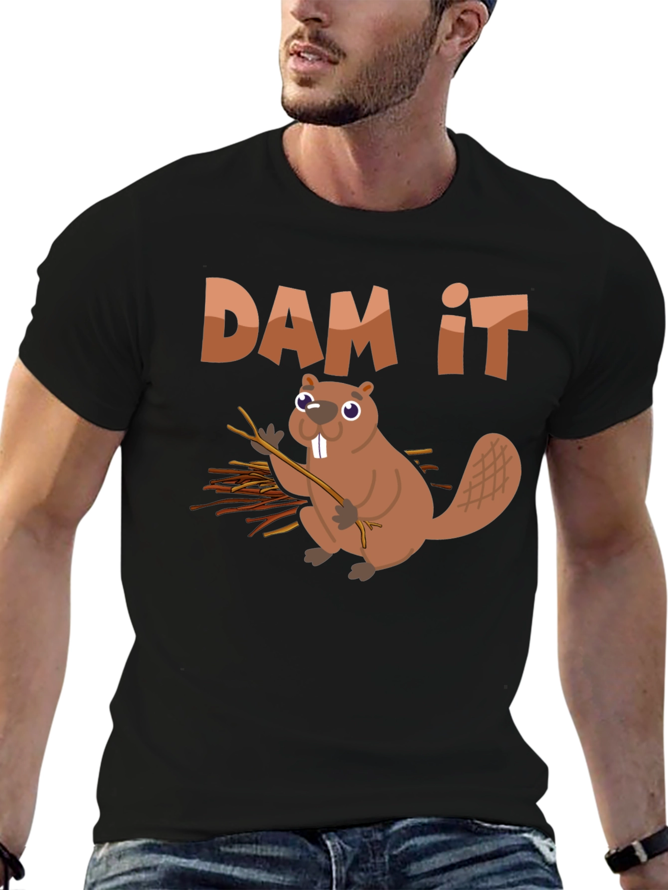Black Funny Beaver "Dam It" Graphic T-Shirt view 6