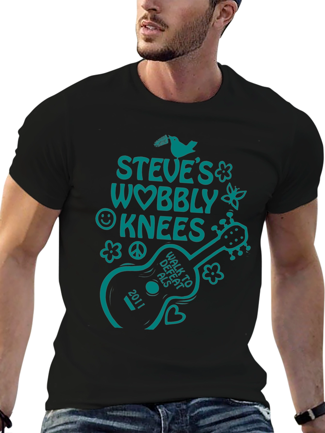 Black Steve's Wobbly Knees Walk to Defeat ALS T-Shirt view 6