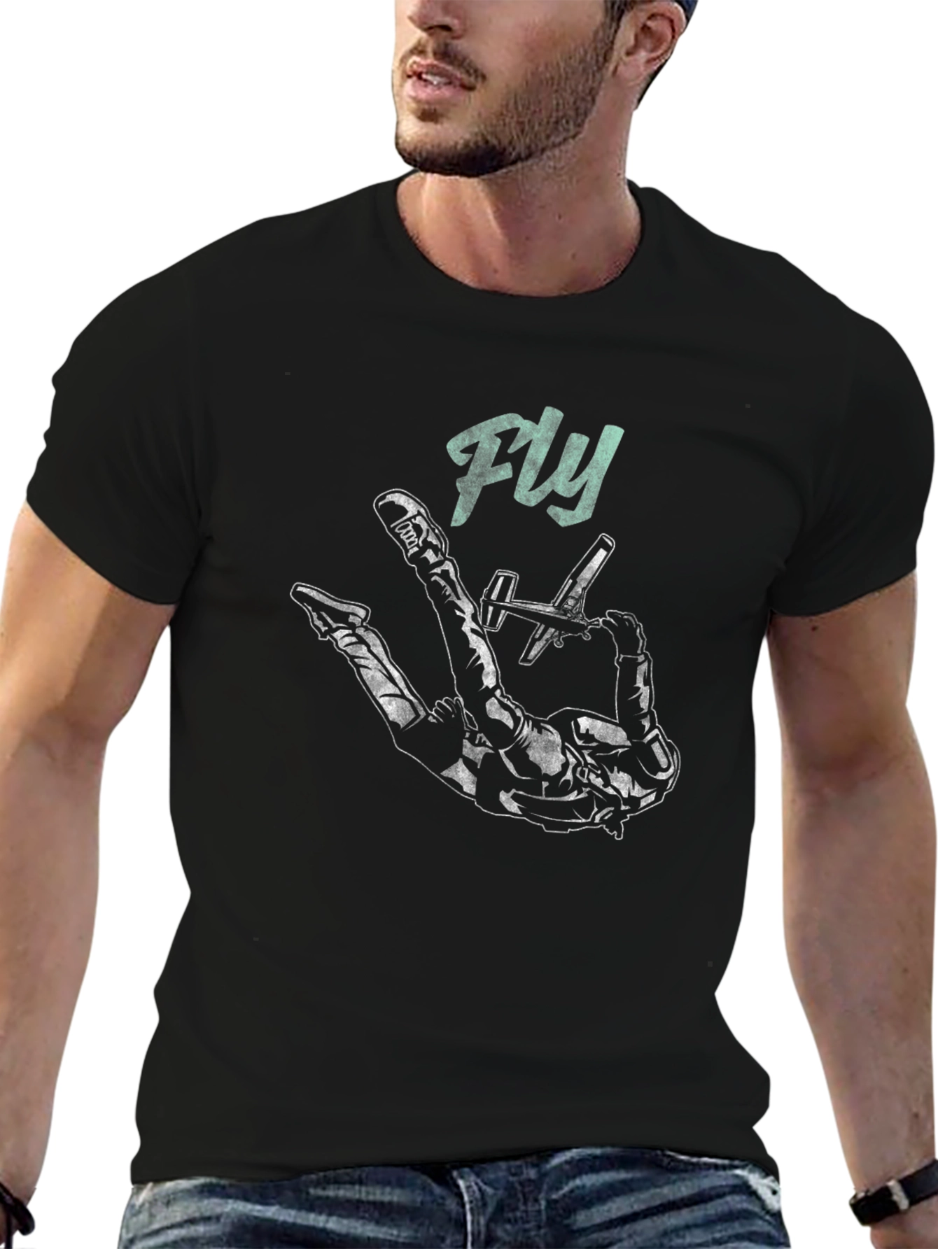 Black Fly High Black T-Shirt - Skydiver Design view 6