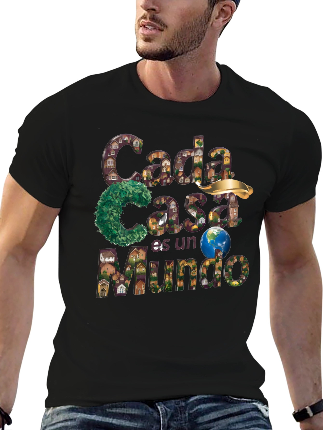 Black Unique Graphic T-Shirt - "Cada Casa es un Mundo" Design view 6