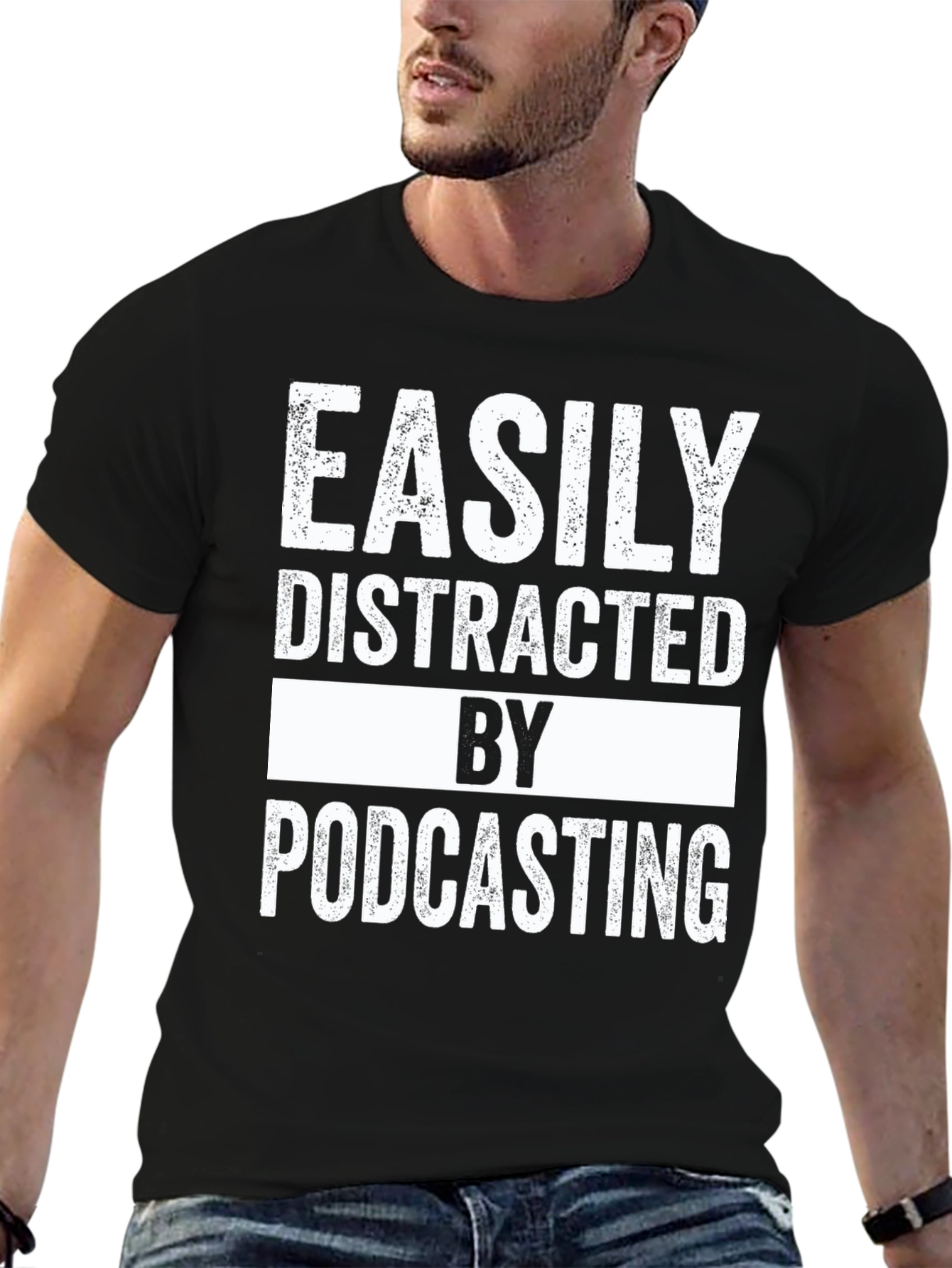 Black Easily Distracted by Podcasting Black T-Shirt view 6
