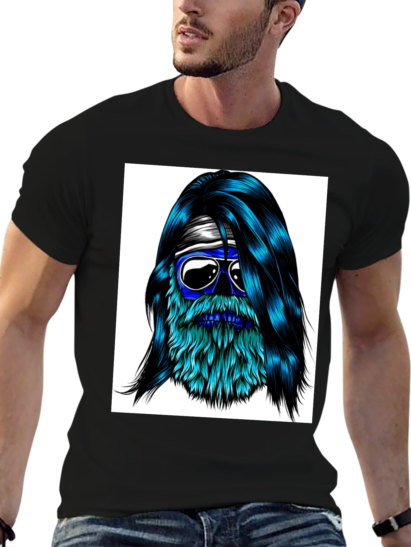 Black Cool Blue Bearded Skull T-Shirt view 6