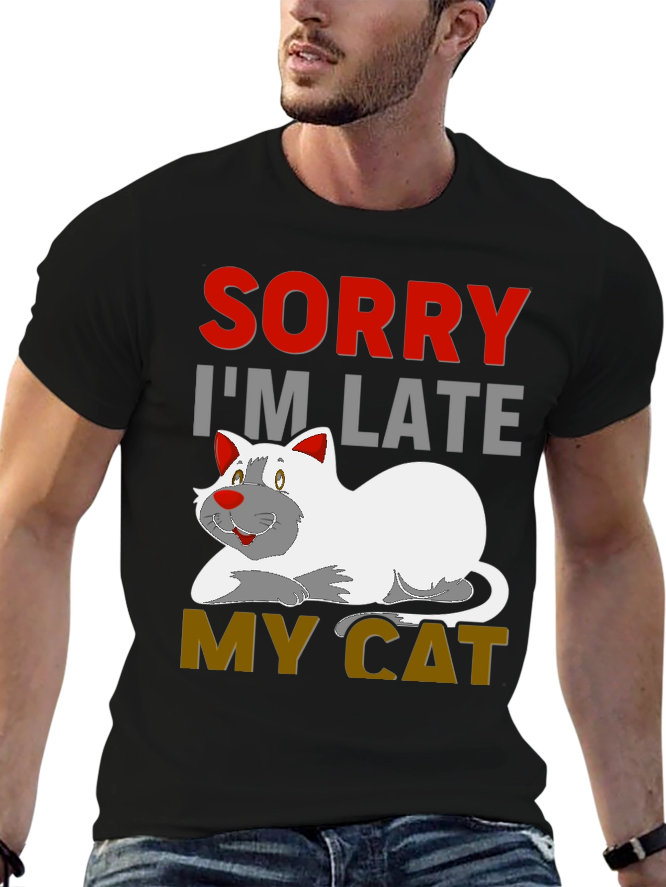 Black Sorry I'm Late My Cat Black T-Shirt view 6