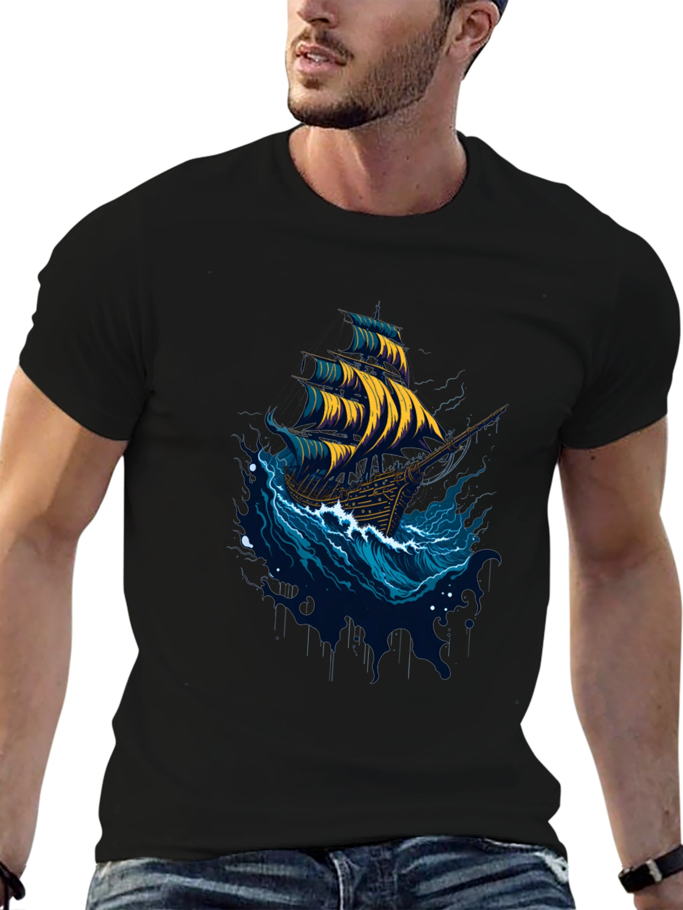 Black Nautical Ship Graphic Tee - Black Cotton T-Shirt view 6
