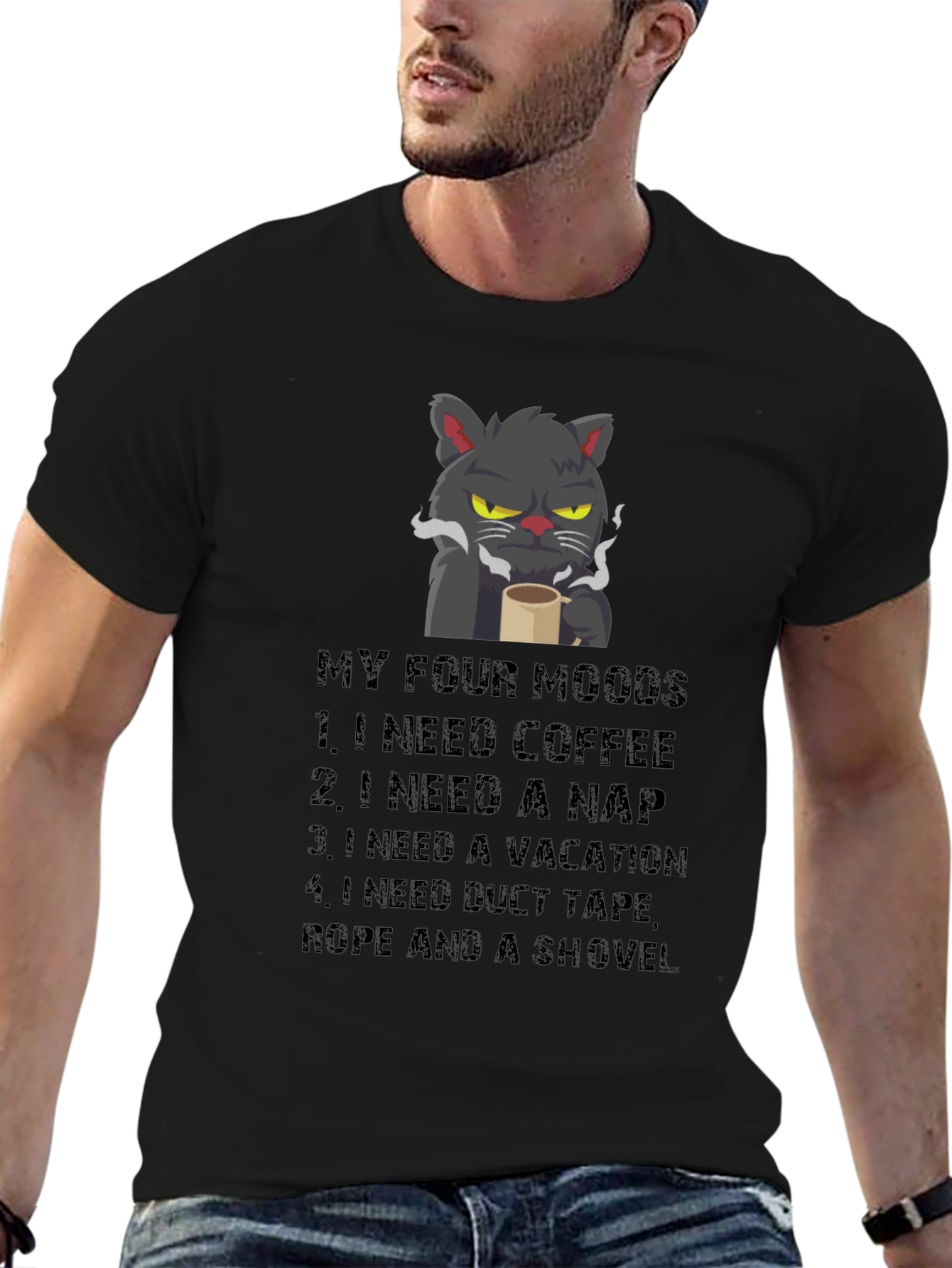 Black Funny Cat Moods T-Shirt - Coffee, Naps, Vacation, Duct Tape view 6