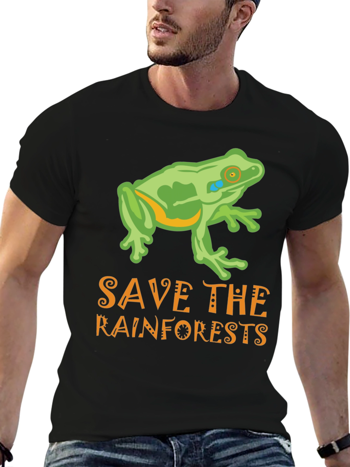 Black Save the Rainforests Frog Graphic T-Shirt view 6