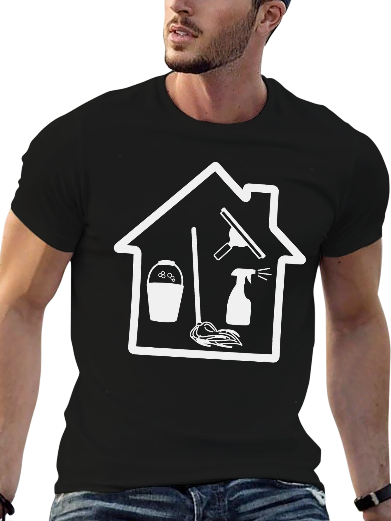 Black Cleaning Service T-Shirt - Black Crew Neck view 6