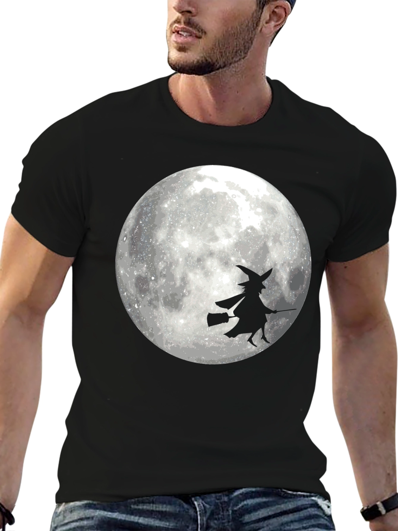 Black Halloween Witch on Moon Black T-Shirt view 6