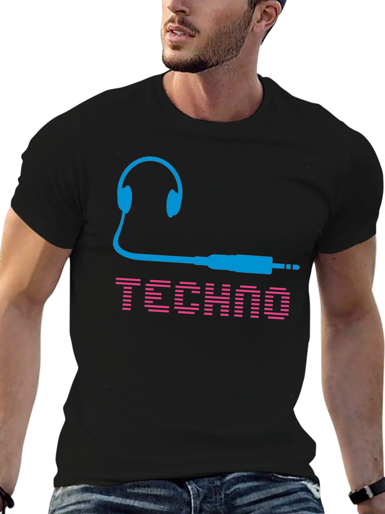 Black Techno Music T-Shirt - Headphones and Audio Jack Design view 6