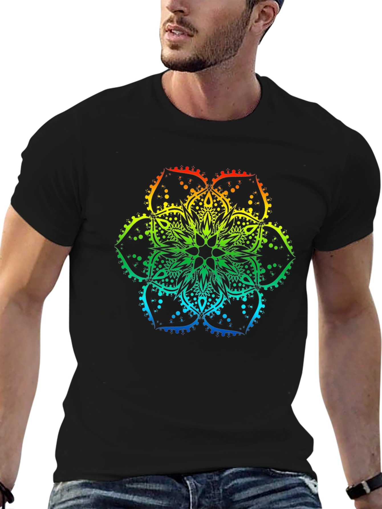 Black Rainbow Mandala Print Black T-Shirt view 6