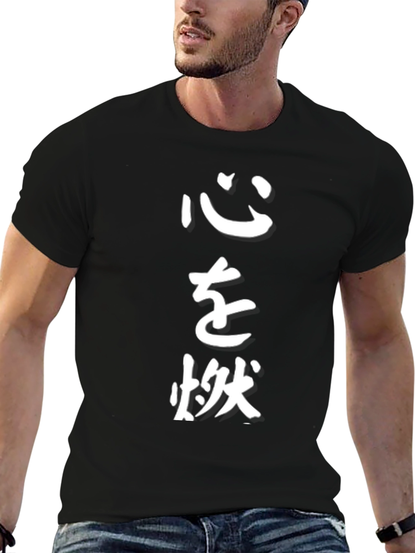 Black Men's Black T-Shirt with Japanese Calligraphy Print view 6