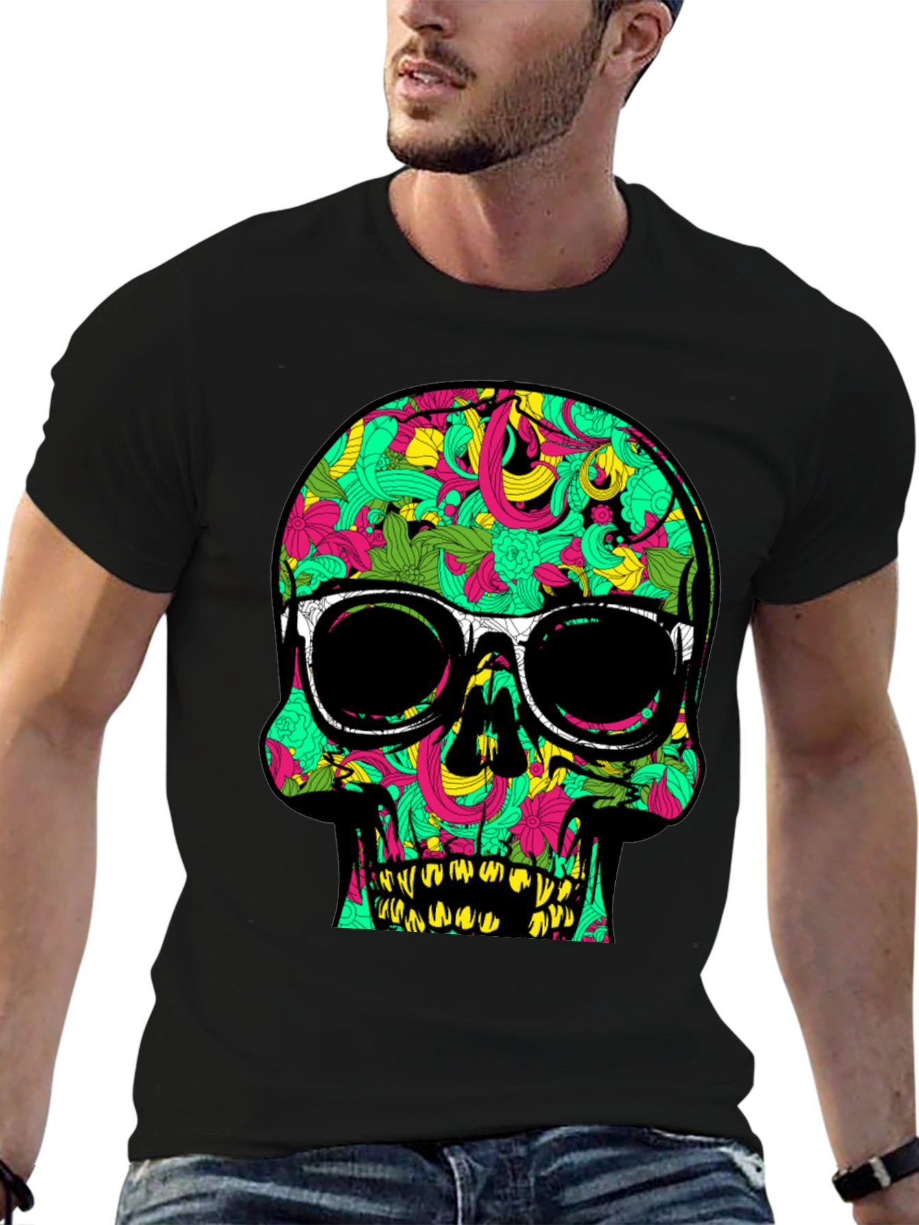 Black Cool Skull T-Shirt with Floral Pattern and Sunglasses view 6