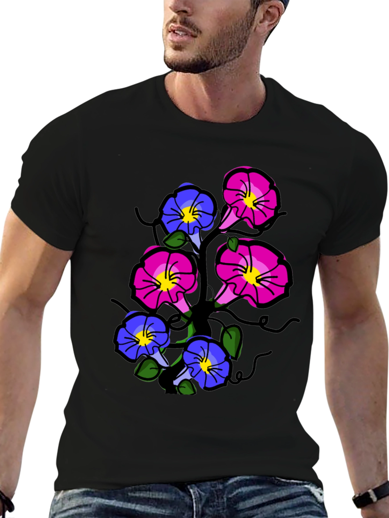 Black Floral Print T-Shirt - Unique Flower Design view 6