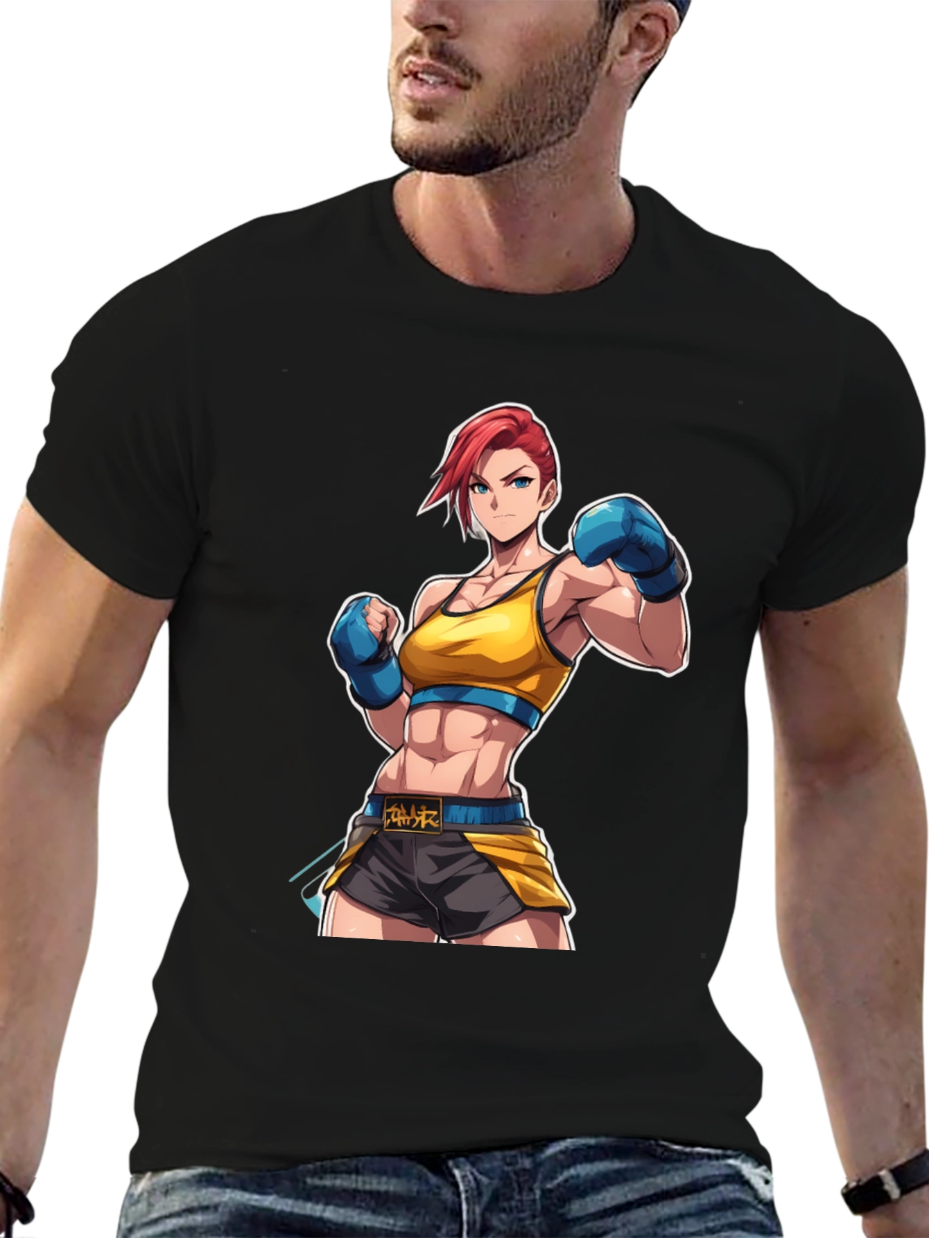 Black Anime Boxer Graphic Tee - Black Cotton Blend view 6
