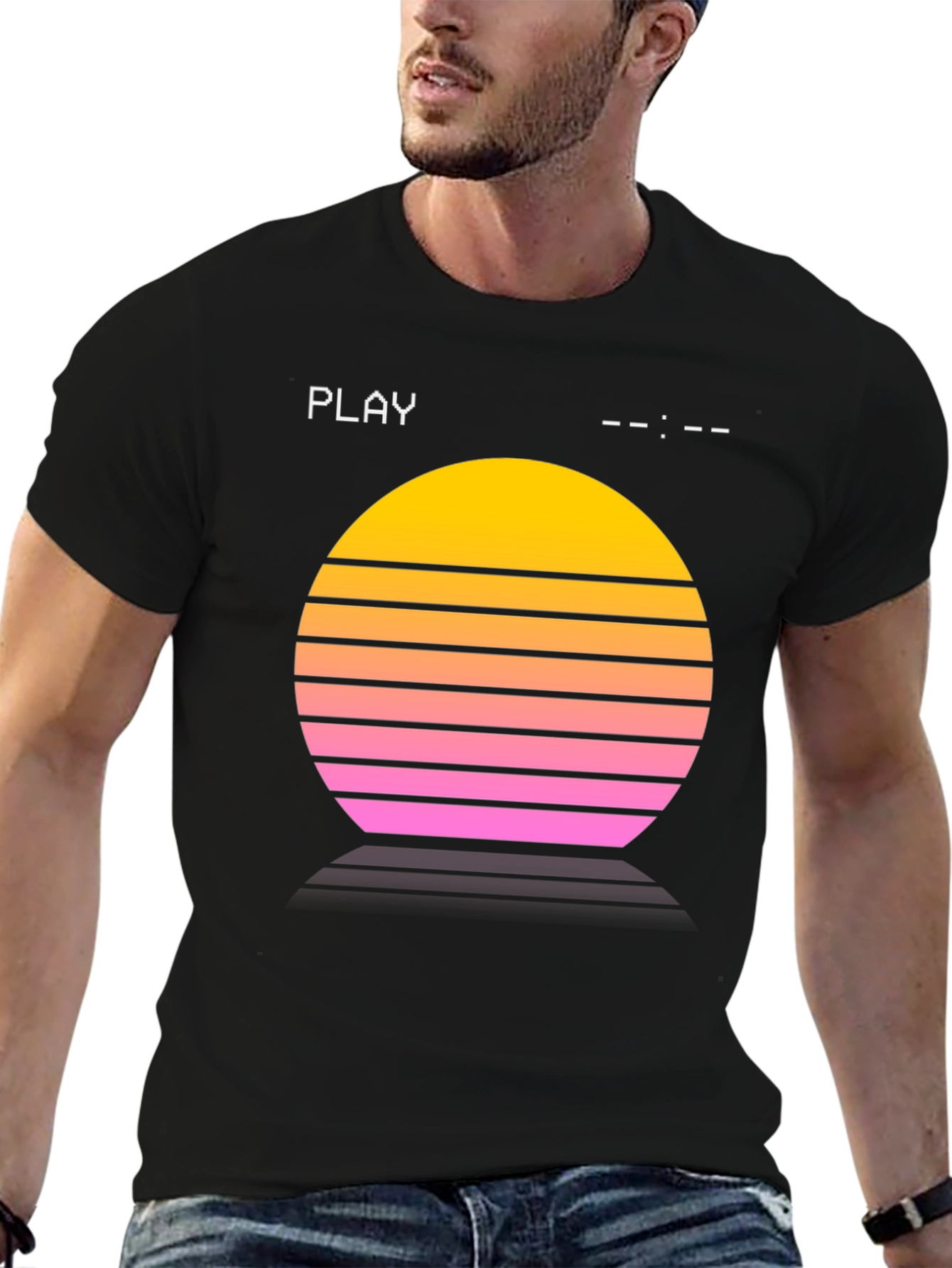Black Retro Sunset Tee - Synthwave Style view 6