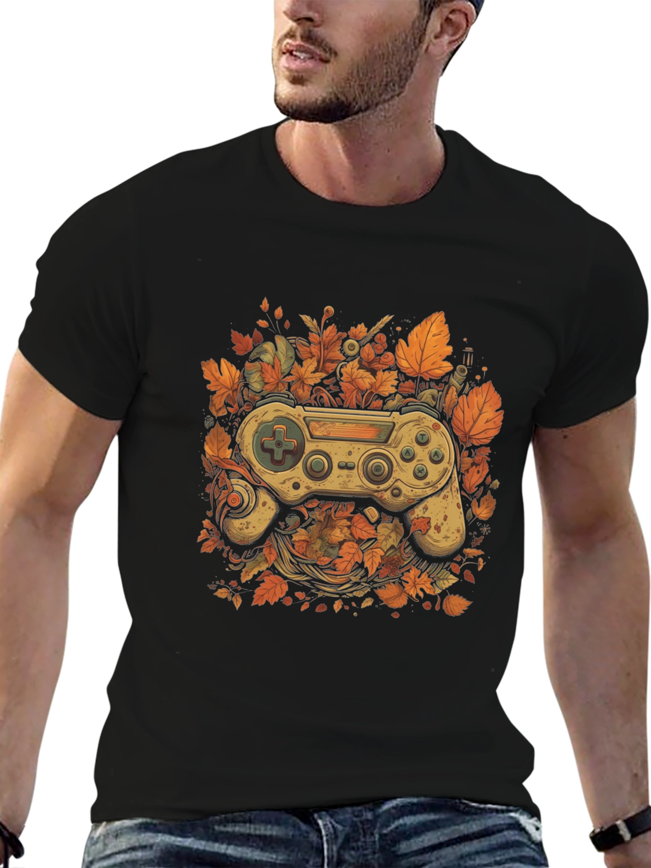 Black Gamer's Fall T-Shirt - Unique Controller Leaf Design view 6