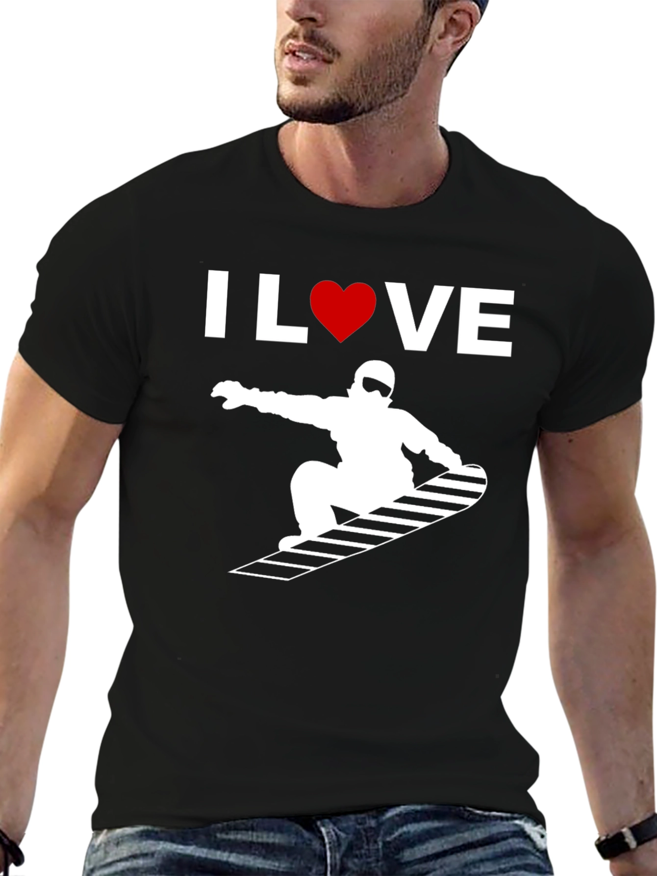 Black I Love Snowboarding Graphic Tee - Black Cotton T-Shirt view 6
