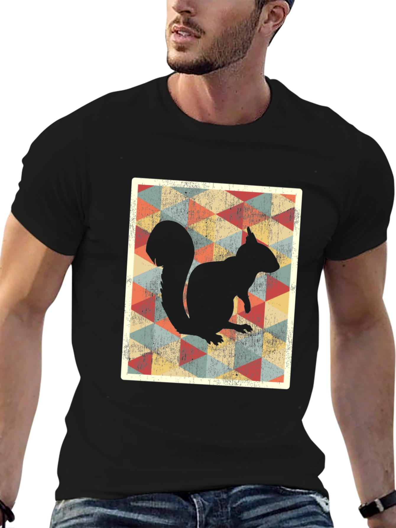 Black Retro Squirrel Graphic Tee - Black Cotton T-Shirt view 6